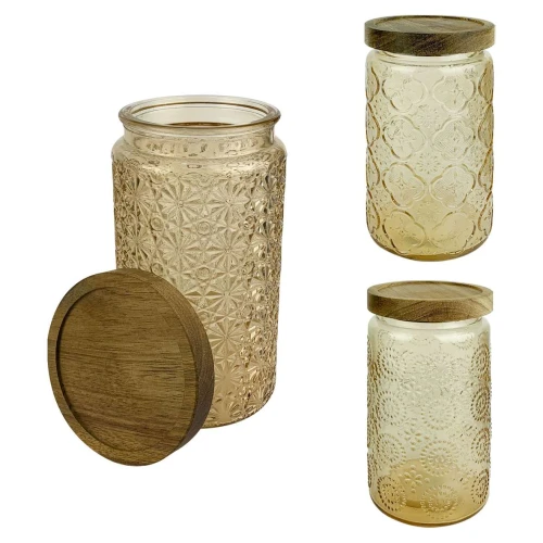 Pote de vidro com tampa de madeira 900ml decorado sortidos