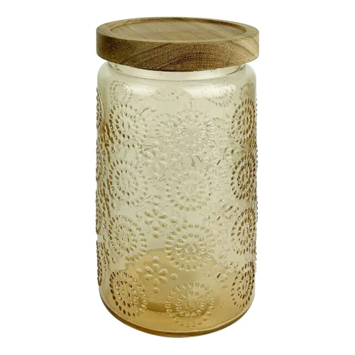 Pote de vidro com tampa de madeira 900ml decorado sortidos