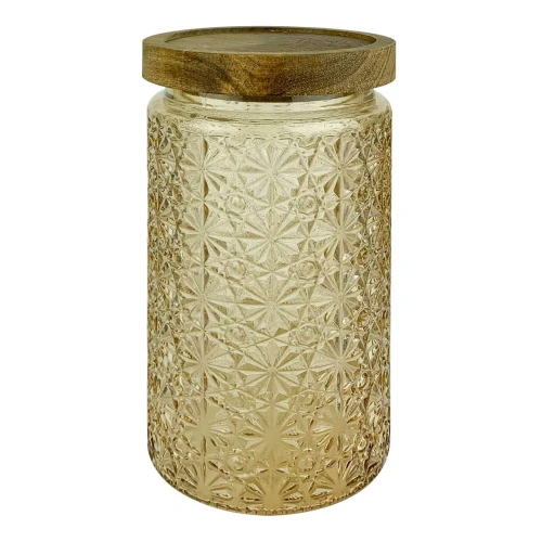 Pote de vidro com tampa de madeira 900ml decorado sortidos