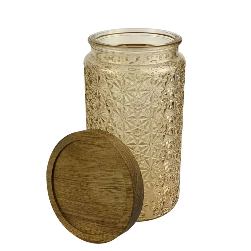 Pote de vidro com tampa de madeira 900ml decorado sortidos