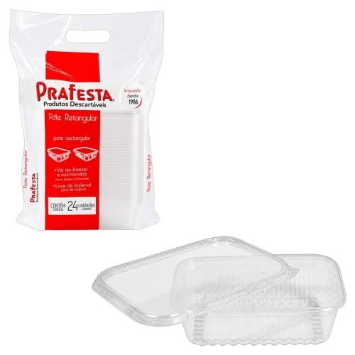 Pote plástico descartável retangular para freezer e microondas 500ml com 24 unidades Prafesta