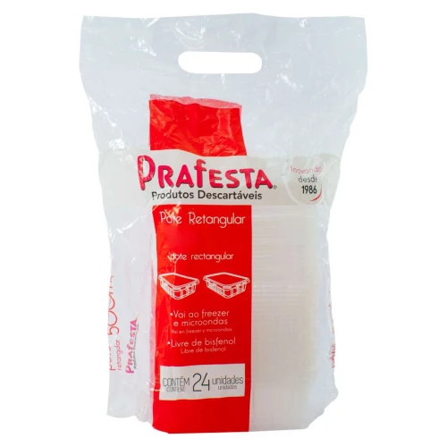Pote plástico descartável retangular para freezer e microondas 350ml com 24 unidades Prafesta
