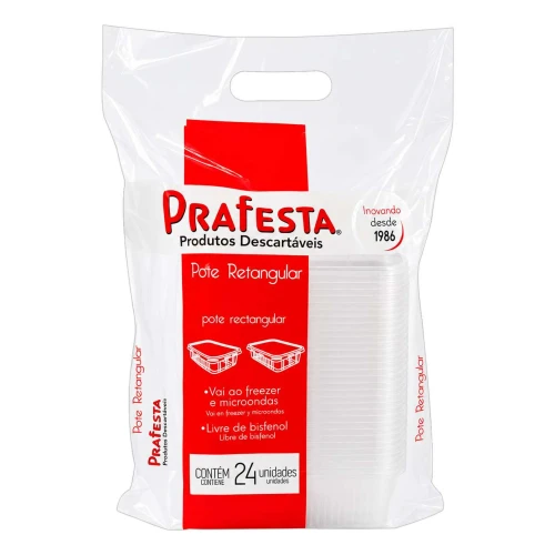 Pote plástico descartável retangular para freezer e microondas 500ml com 24 unidades Prafesta