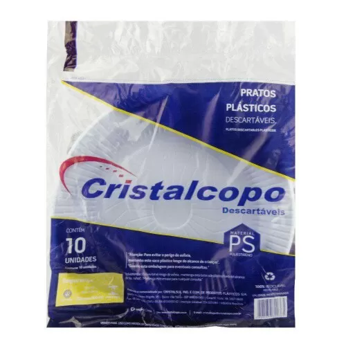 Prato plástico n°23 raso branco pacote com 10 unidades Cristalcopo