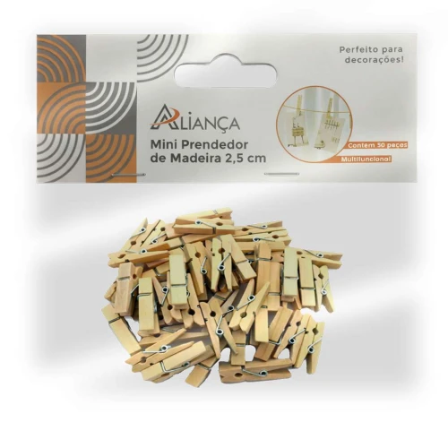 Prendedor de madeira liso mini com 30 unidades