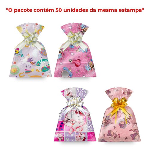 Saco metalizado 20x29cm infantil menina modelos variados com 50 unidades