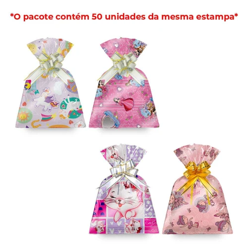 Saco metalizado 35x53cm infantil menina modelos variados com 50 unidades