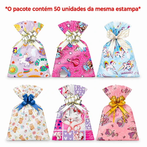 Saco metalizado 20x29cm infantil menina modelos variados com 50 unidades