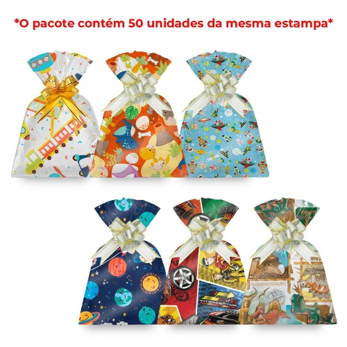 Saco metalizado 20x29cm infantil menino modelos variados com 50 unidades