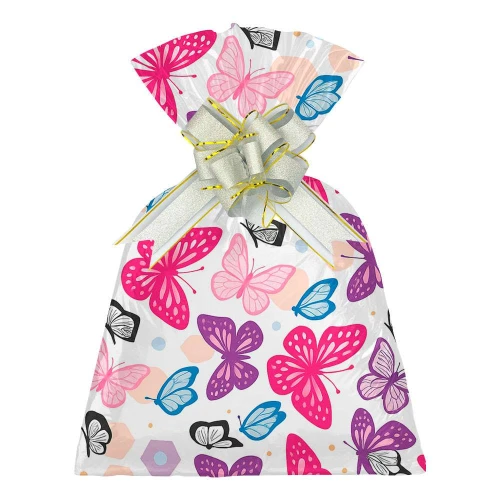 Saco metalizado 25x35cm feminino borboletas com 50 unidades Gala