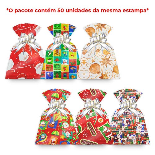 Saco metalizado Natal 20x29cm modelos variados com 50 unidades