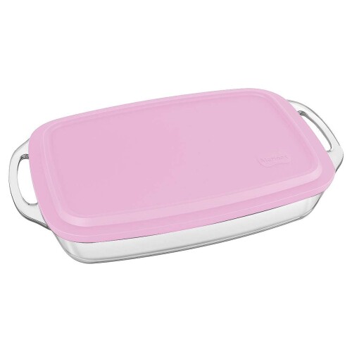 Travessa de vidro com tampa rosa retangular 3,5l 37x23x8cm Nadir