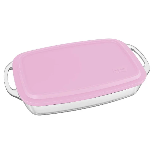 Travessa de vidro com tampa rosa retangular 3,5l 37x23x8cm Nadir